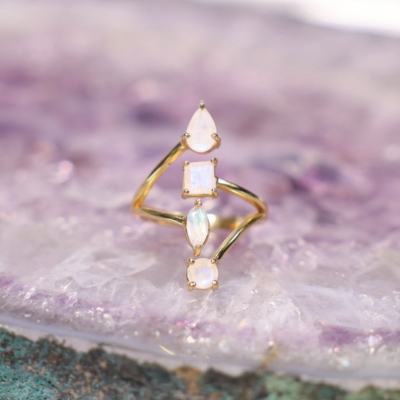 Adjustable Four Stone Rainbow Moonstone Crystal Ring - Beau Life